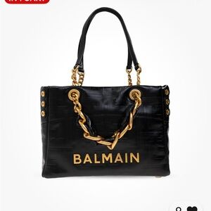 Balmain Tote Black Handbag with Gold Chain Detail